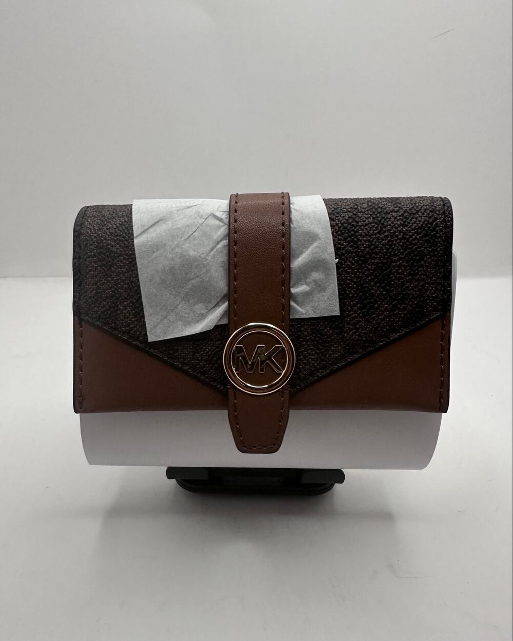 Michael Kors Greenwich Medium Envelope Trifold Wallet Brown Signature Logo NWT
